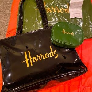 HARRODS London Black Tote and Olive Makeup Bag
